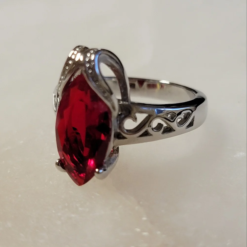 Faux Ruby Marquise Cocktail Ring Silver Tone